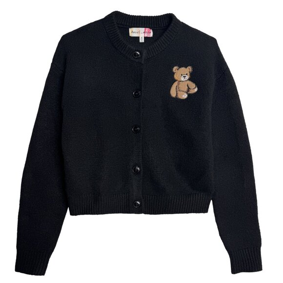 HAZEL MOON KNIT BLACK TEDDY BEAR CARDIGAN ICONIC TRENDING FALL FAVORITE MEDIUM - Picture 1 of 5